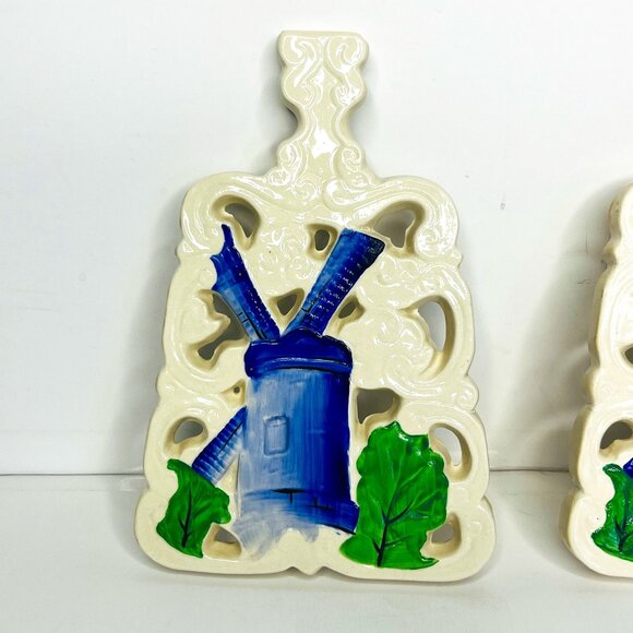 Fred Roberts Co. Porcelain Dutch Windmill Design Set 2 Ceramic White Blue Green - Picture 4 of 12
